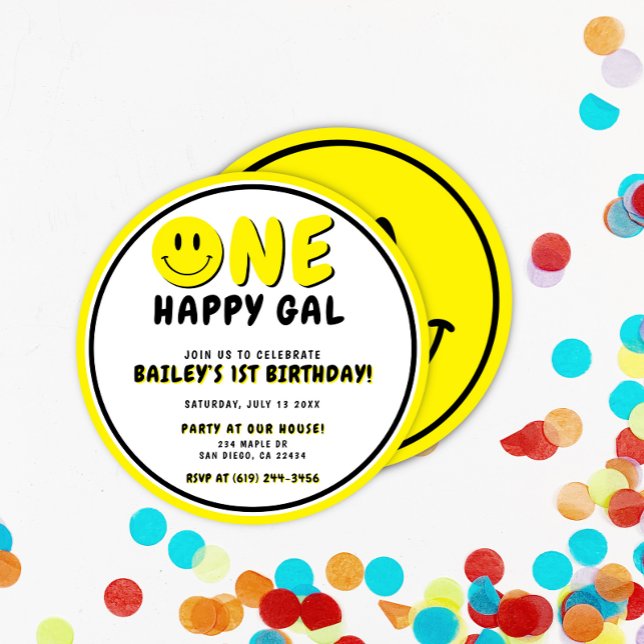 One Happy Gal 1st Birthday Smiley Face Invitation (Creator Uploaded)