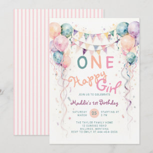 One Happy Girl Balloons Bunting Pink 1st Birthday Invitation