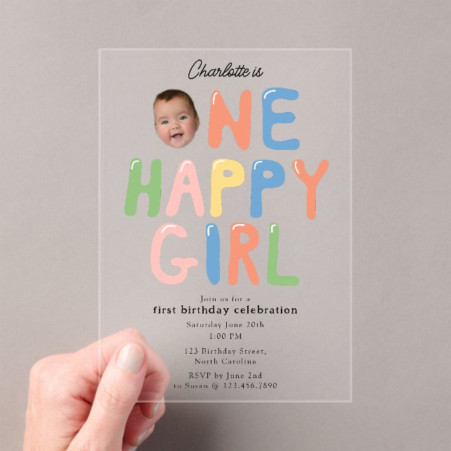 One Happy Girl Birthday Invite 1st Birthday Photo Acrylic Invitations (Insitu (Handheld))