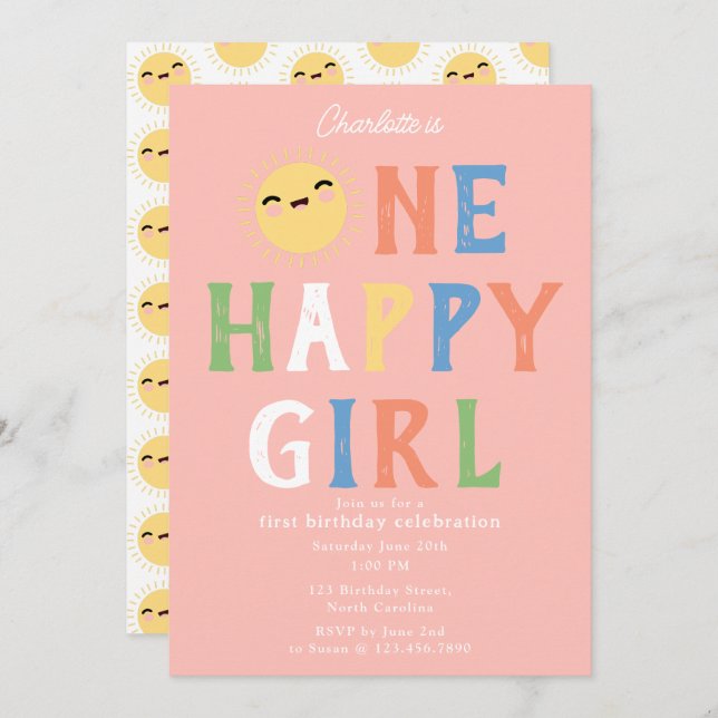 One Happy Girl Birthday Invite 1st Birthday Sun (Front/Back)