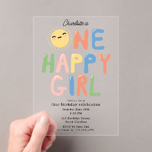 One Happy Girl Birthday Invite 1st Birthday Sun Acrylic Invitations