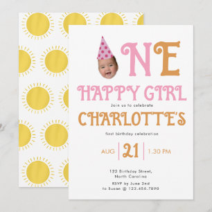 One Happy Girl Birthday Invite 1st Face Photo Boho