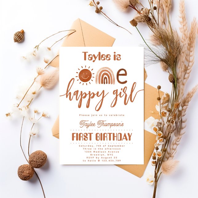 One Happy Girl Boho Rainbow Sunshine Birthday Invitation (Creator Uploaded)