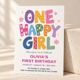 One Happy Girl: Colourful Hand Drawn Girl Birthday Invitation