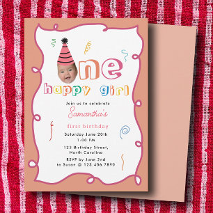 One Happy Girl First Birthday Fun 1st Face Photo Invitation