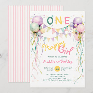 One Happy Girl Mint Pink Balloons 1st Birthday Invitation