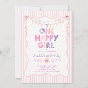 One Happy Girl Pastel Bows Stripes 1st Birthday Invitation