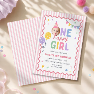 One Happy Girl Pink Colourful 1st Birthday Invitation