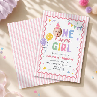 One Happy Girl Pink Colourful 1st Birthday Invitation