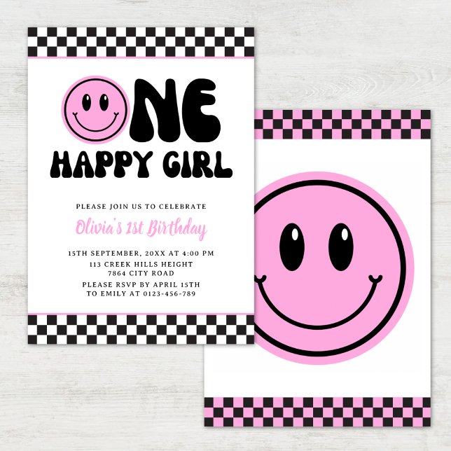 One Happy Girl Pink Happy Face Birthday Invitation (Creator Uploaded)