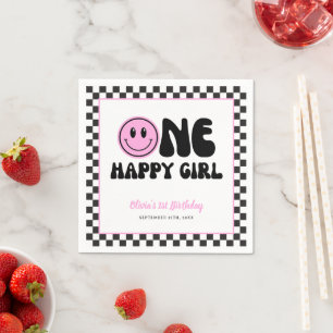 One Happy Girl Pink Happy Face Birthday Napkin
