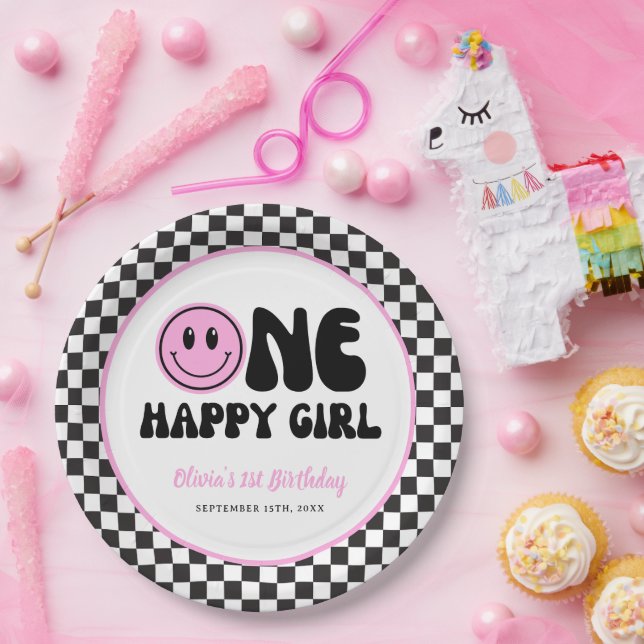 One Happy Girl Pink Happy Face Birthday Paper Plate (Party)