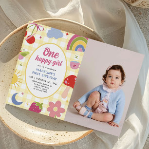 One Happy Girl Retro Hand Drawn 1st Birthday Photo Invitation
