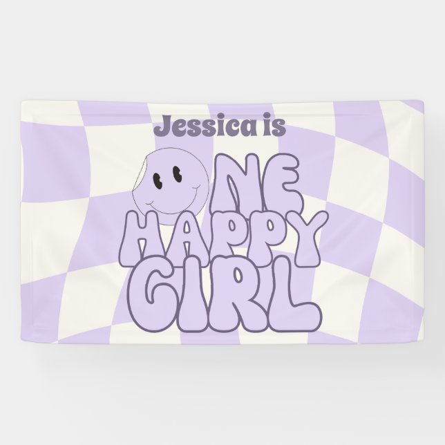 One Happy Girl Retro Pink 1'st Birthday Party  Banner (Horizontal)