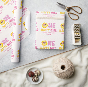 One Happy Girl Retro Sun First Custom Birthday Wrapping Paper
