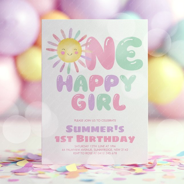 One Happy Girl Sun 1st Birthday Pink Green Invitation (One Happy Girl! Girl's sun 1st birthday invitation in pink, green, purple. )