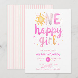 One Happy Girl Sunshine Pink Script 1st Birthday Invitation