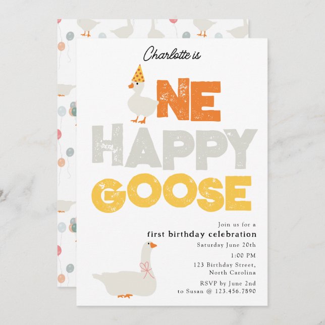 One Happy Goose Invite 1st  First Birthday Cute (Front/Back)