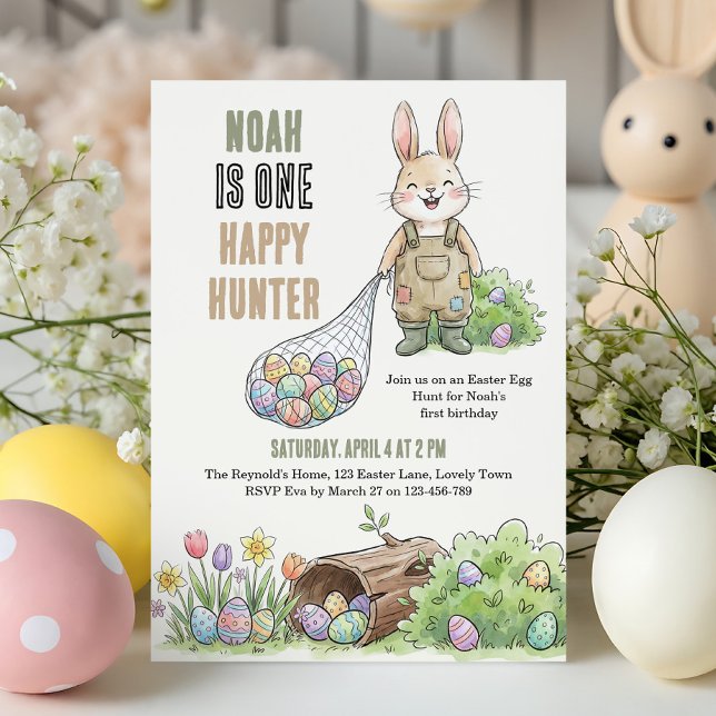 One Happy Hunter Easter Themed First Birthday Invitation (One Happy Hunter - Easter egg hunt themed 1st birthday invitation)