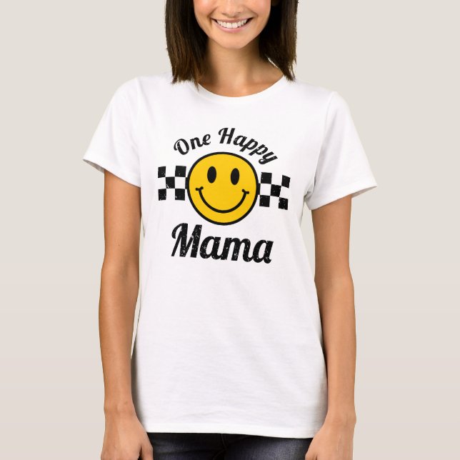 One Happy Mama Yellow Smile Face Birthday Matching T-Shirt (Front)