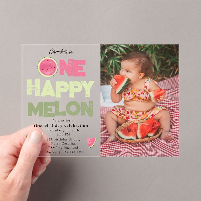 One Happy Melon 1st Summer Birthday Photo Acrylic Invitations (Insitu (Handheld))
