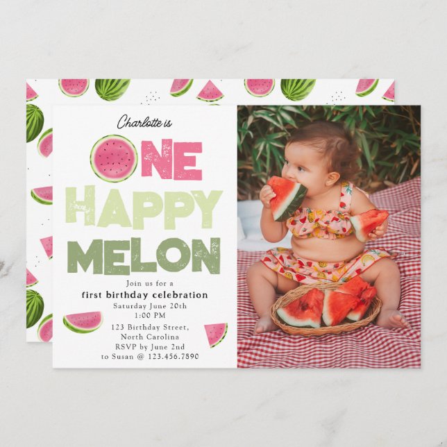 One Happy Melon 1st Summer Birthday Photo Invitation (Front/Back)