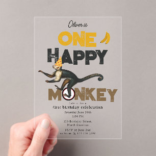 One Happy Monkey Cute Invite 1st First Birthday Acrylic Invitations