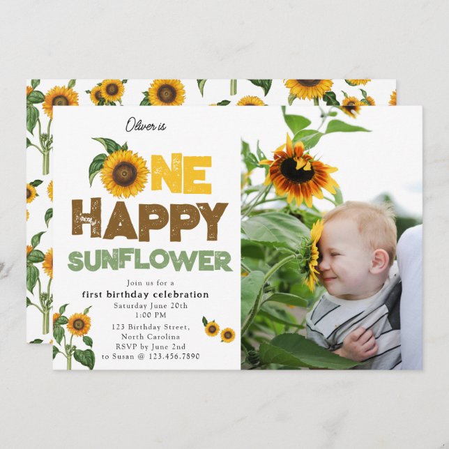 One Happy Sunflower 1st Summer Birthday Photo Invitation (Front/Back)