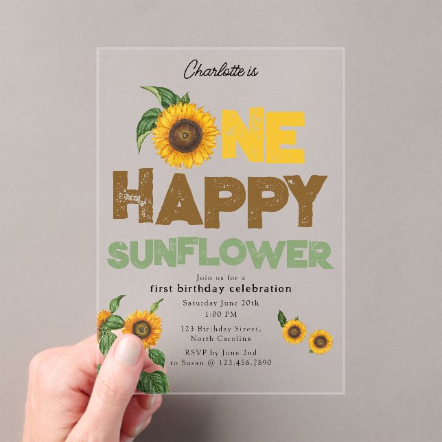 One Happy Sunflower Invite 1st Summer Birthday Acrylic Invitations (Insitu (Handheld))