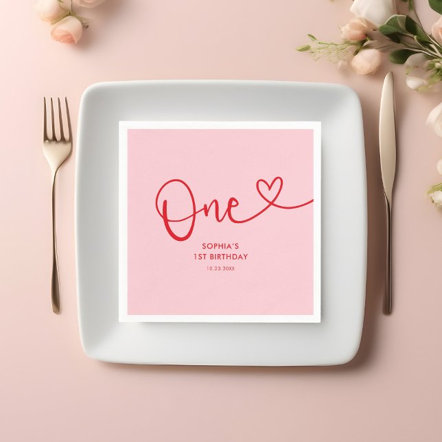 One Heart Calligraphy 1st Birthday Pink Red Napkin (Creator Uploaded)