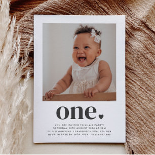 One Heart Square Photo First Birthday Invitation