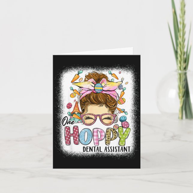 One hoppy dental assistant leopard bunny messy bun card (Front)