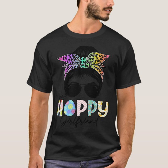 One Hoppy Girlfriend Leopard Messy Bun Easter Day T-Shirt (Front)