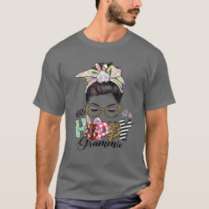 One Hoppy Grammie Messy Bun Hair Happy Easter Day T-Shirt