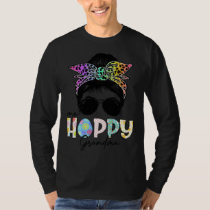 One Hoppy Grandma Leopard Messy Bun Easter Day T-Shirt