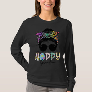 One Hoppy Grandma Leopard Messy Bun Easter Day T-Shirt