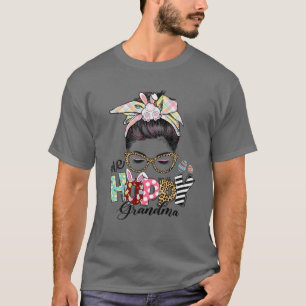 One Hoppy Grandma Messy Bun Hair Happy Easter Day T-Shirt
