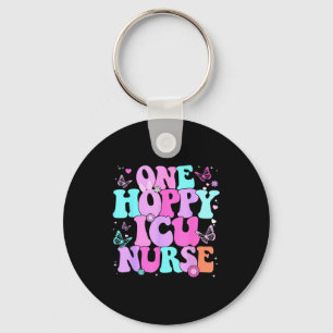 One Hoppy Icu Nurse Retro Groovy Happy Easter Bunn Key Ring