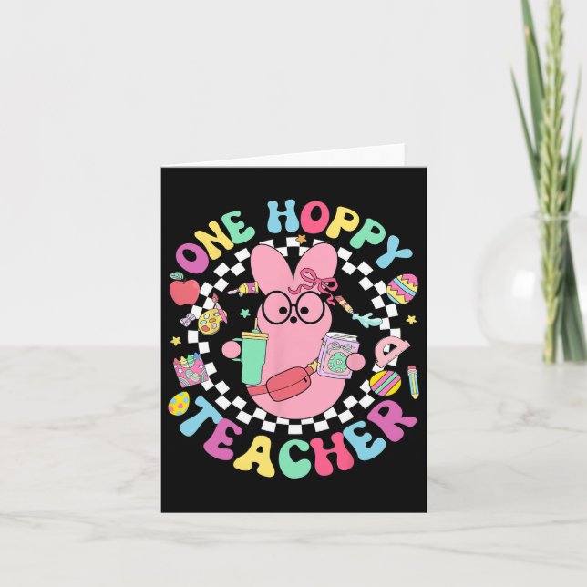 One Hoppy Teacher Bunny Easter Day Eggs Groovy Ret Card (Front)