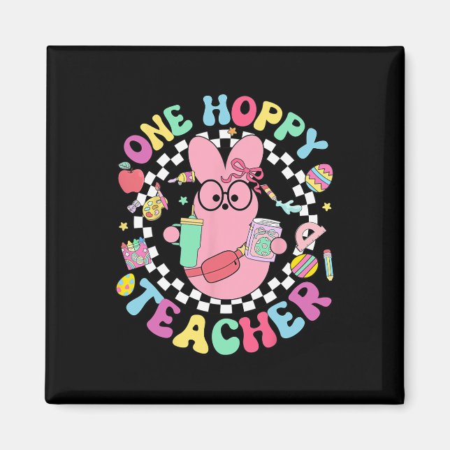 One Hoppy Teacher Bunny Easter Day Eggs Groovy Ret Magnet (Front)