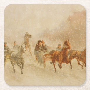 One Horse Open Sleigh Race Christmas Square Paper Coaster