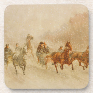 One Horse Open Sleigh Race Set of Cork Coasters