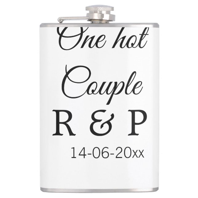One hot add couple name initial letter text date hip flask (Front)