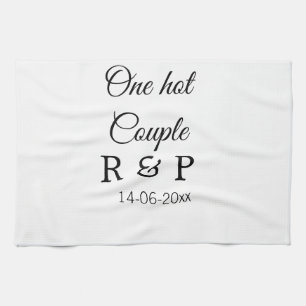 One hot add couple name initial letter text date tea towel