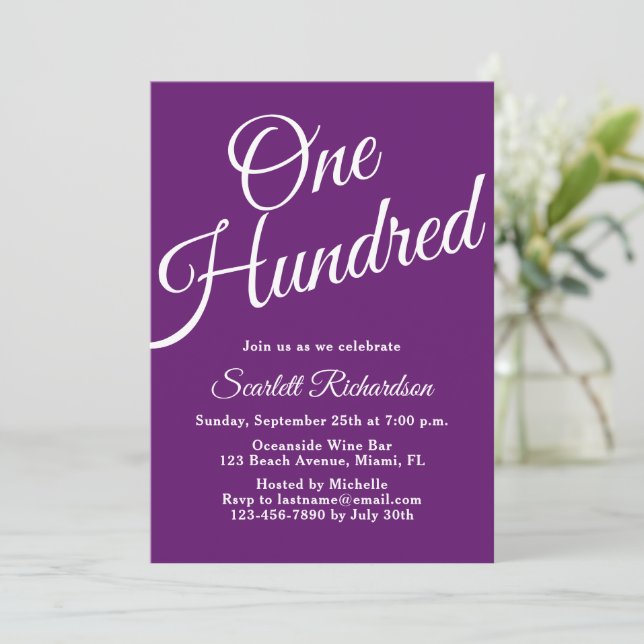 One Hundred Script Autumn Purple 100th Birthday Invitation (Standing Front)