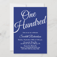 One Hundred Script Navy Blue 100th Birthday Party