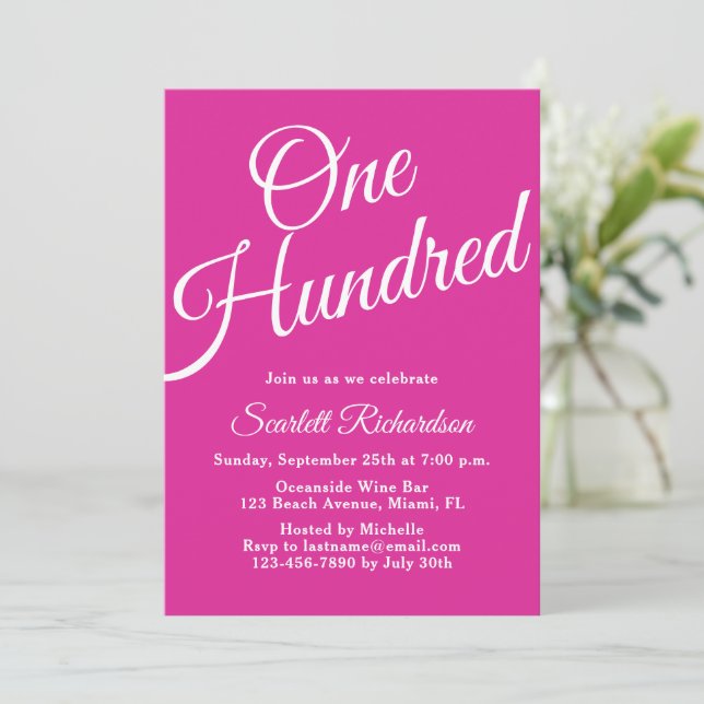 One Hundred Script Pink 100th Birthday Party Invitation (Standing Front)