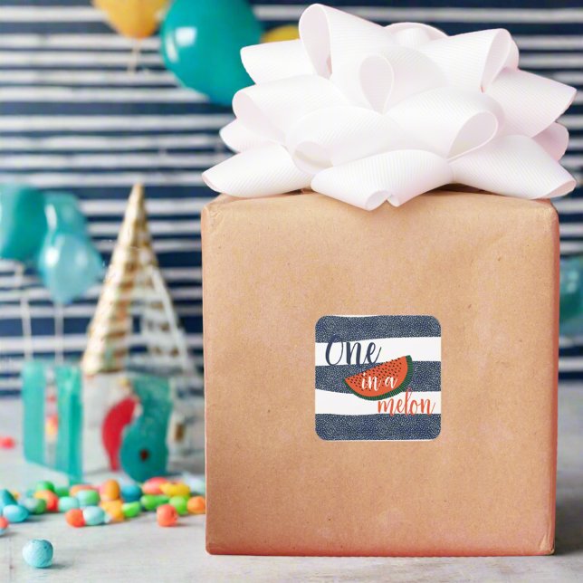 One in a Melon 1st Birthday Baby Boy Blue Striped Square Sticker (Creator Uploaded)