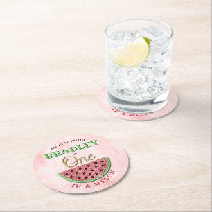 One In A Melon 1st Birthday Round Paper Coaster