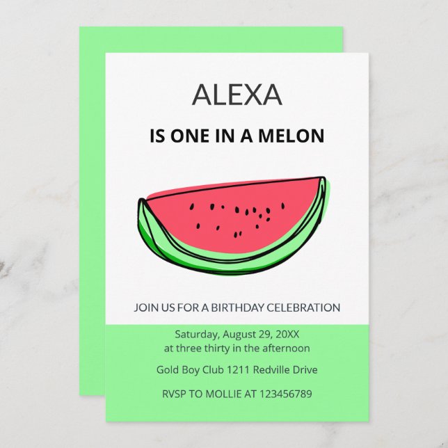 One in a Melon 1st Birthday Watermelon Birthday Invitation (Front/Back)